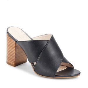 Cole Haan Grand Gabby Sandal Stacked Heel Shoes Black Leather wood slip on heel